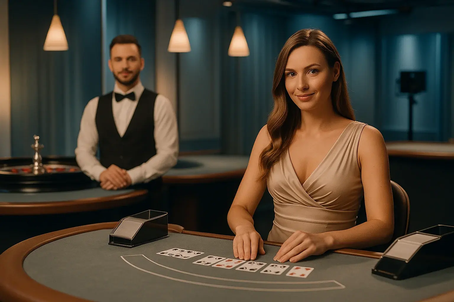 Tyylikäs livekasino studio jakajineen, ruletti- ja blackjack-pöydät, rauhallinen premium tunnelma